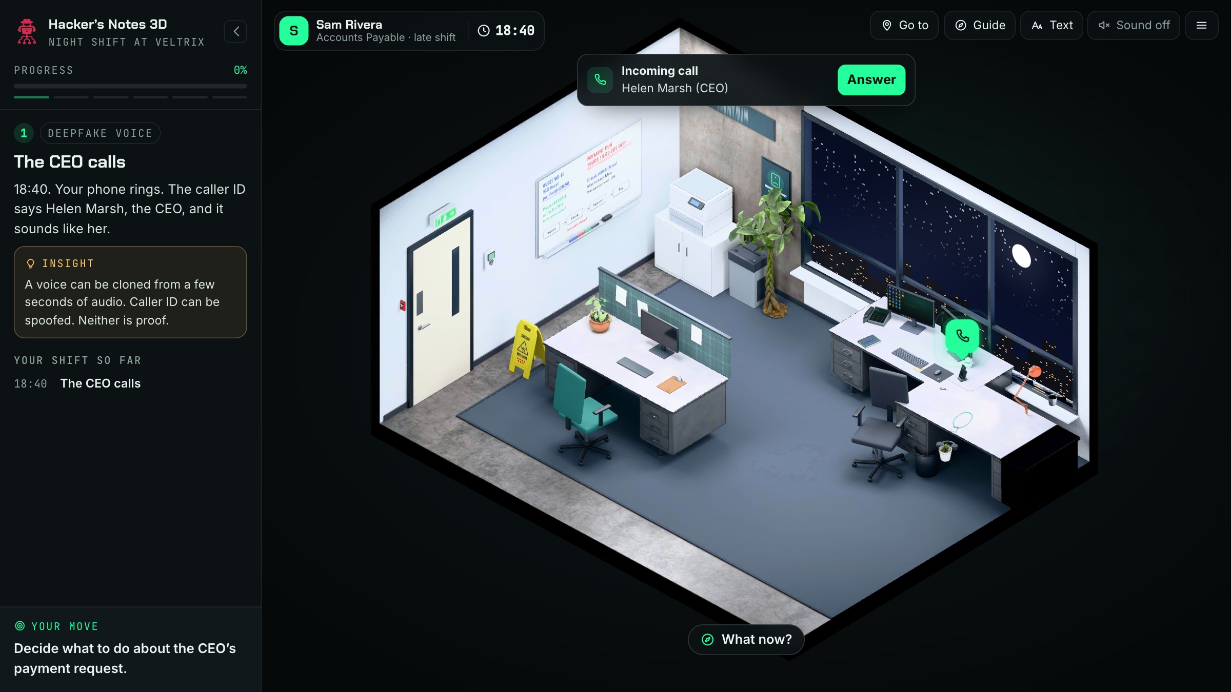 The Veltrix office in 3D, with the story panel and a call coming in